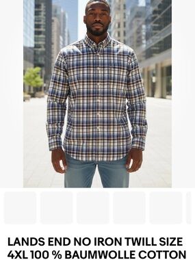 Lands' End NO IRON TWILL SIZE 4XL Plaid Button-Down BAUMWOLLE COTTON Shirt NWOT